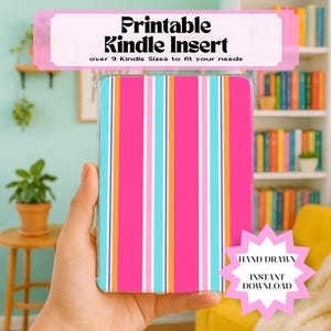 Printable Kindle Insert Pink Turquoise Stripe  | Hand Drawn | PDF | Digital Download Insert for Clear Case Cover | Beach Prints Boho Vibe