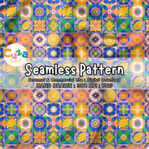 Könnte beinhalten: Ein lebendiges, nahtloses Muster mit einem sich wiederholenden Design aus farbenfrohen Blumen- und geometrischen Formen in Quadraten. Das Muster enthält den Text "Seamless Pattern" und "Personal & Commercial Use: Digital Download HAND DRAWN: 300 DPI: PNG".