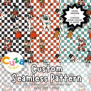 Anpassat namn julkaraktär schackrutigt sömlöst mönster | Handritad PNG digital nedladdning, sublimeringstyg för högtidsanpassning