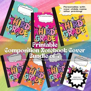 Third Grade Composition Notebook Cover Printable Bundle | 7 Colorful Back 2 School Designs | DIY Sticker Paper Book Covers Instant Download