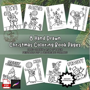 Może przedstawiać: Osiem ręcznie rysowanych stron z kolorowanki bożonarodzeniowej. Każda strona przedstawia inną postać świąteczną, w tym Yeti, Świętego Mikołaja, Rudolfa, Dziadka do Orzechów, Panią Claus, Elfa i Frosty'ego. Strony mają wymiary 21,6 x 27,9 cm i są dostępne w formatach PDF i Procreate.