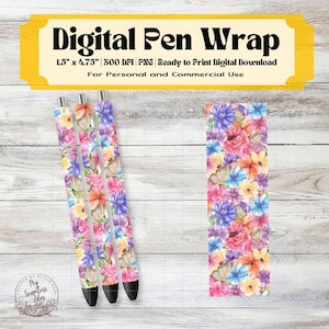 Watercolor Floral Butterfly Garden Pen Wrap Digital Download | Spring Floral Printable Sleeve Template | Epoxy Resin Pens Vinyl UVDTF Files