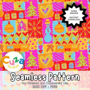 Peut inclure: Un motif sans couture coloré avec des illustrations sur le thème de Noël. Le design comprend des sapins de Noël, des cœurs, des flocons de neige, des boîtes cadeaux et un bonhomme de neige. Le motif est composé de carrés cousus aux couleurs vives.