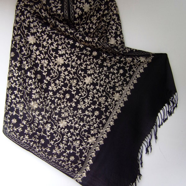 Embroidered Fine  Black Pure Wool Pashmina Shawl/stole with silver/gold flowers. 78 x 28". 200 x 72 cm. Kashmir.