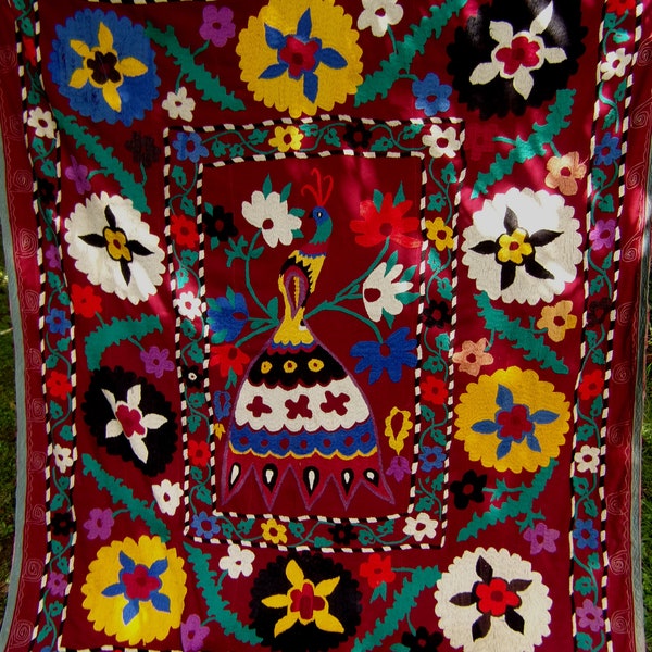 RESERVED for E: Stunning Floral hand embroidered Exotic Bird Red Suzani Uzbekistan. 6 ft  x 4 ft 10"  180 x 148 cm Wall hanging/Bed cover.