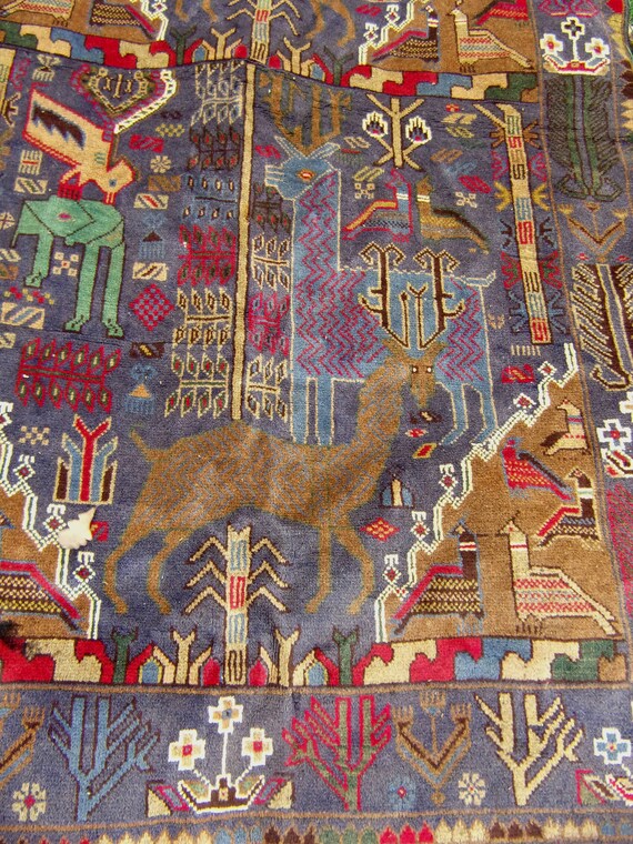 Superb Hunting Carpet Rug Deer 7 Ft 1 X 4 215 121 Cm Grey Blue Woven Kilim Tapis Traditional