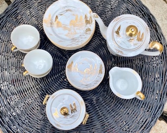 Juego de té KUTANOI de porcelana japonesa vintage con detalles dorados, firmado.