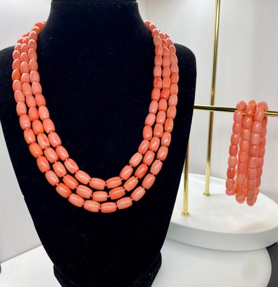 Three Strand PINK CORAL 925 Sterling Silver Beaded NECKLACE With