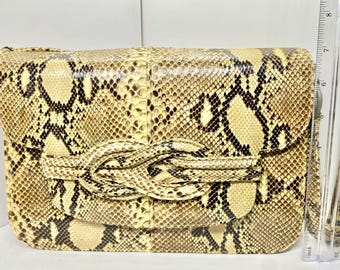 Borsa a tracolla / borsa a mano / borsa da viaggio in vera pelle di serpente PYTHON vintage anni '80 / color tortora freddo, beige + marrone cioccolato / 10 x 8 pollici