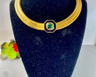 Vintage MONET 1980s Black Enamel + Simulated Emerald Necklace with Flex Omega Chain | Deco-Modern Chic | 15”
