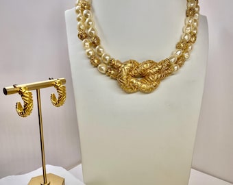 1989 Mary McFADDEN Hercules Knot Necklace & Earrings SET - "The Etruscan Necklace" | 22k Coated + Baroque Pearls | Signed | 15.5” + 3" Ext