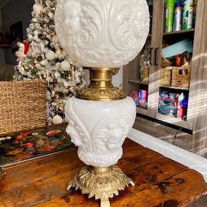 Late 1800s Antique Gone With the Wind Oil Lamp | Restored | Brass + Embossed Milk Glass with Cherubs & Fleur de Lis