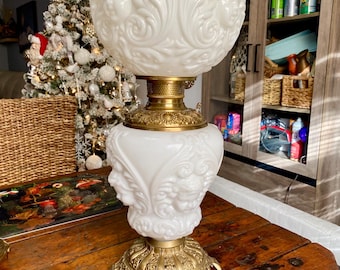 Late 1800s Antique Gone With the Wind Oil Lamp | Restored | Brass + Embossed Milk Glass with Cherubs & Fleur de Lis