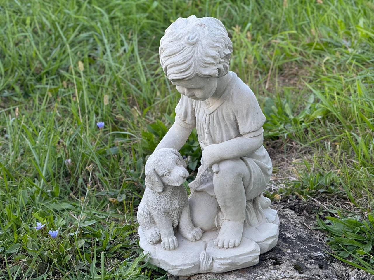 Boy figure 18 in, Garden child with dog statue, Outdoor kid with pet memorial stone sculpture, Massive lawn boy cement gift