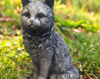 Sitting cat figure 11 in, Porch cat stone sculpture, Painted kitten statue, Pet grave marker, Concrete kitten garden figurine, Cat memorial