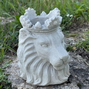 May include: A gray concrete lion head planter with a crown on top. The planter is sitting on a rock surface with green grass in the background.