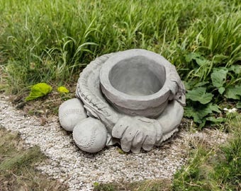 Baseball glove 7 in, Flowers planter figurine, Cement sculture, Stone idea for baseball lovers, Flowers pot with two balls and glove
