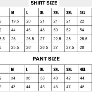 May include: A chart showing shirt and pant sizes with measurements in inches for shoulder, chest, length, sleeve, waist, and length.