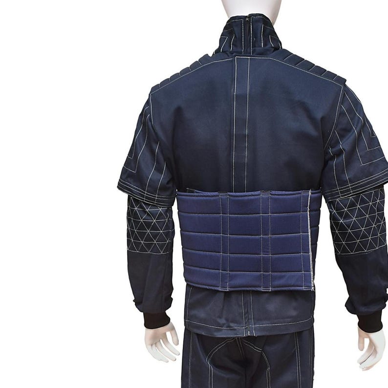 May include: A blue padded training vest with a navy blue chest protector. The vest has white stitching and a zipper in the back.