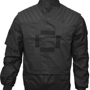 May include: Black tactical jacket with a high collar and zipper closure. The jacket has a large velcro patch on the chest with a cross design.