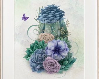 Succulent Rose art print, blue green plants wall hanging, anemone flower cactus garden, butterfly, modern botanical art print, nature gift