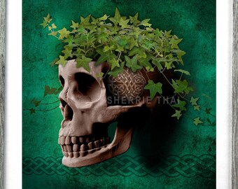 Celtic Skull art print, goth skull tattoo art, macabre gothic horror wall decor, green leaves, rustic stone goblincore dark fantasy gift