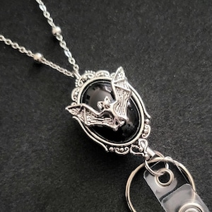 Gothic Bat Retractable Reel Necklace, ID badge holder lanyard handmade skull horror accessory silver black cameo frame badge reel chain gift