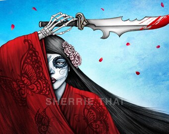 Samurai woman, dark fantasy girl art print, cherry blossoms butterfly, asian woman warrior, Day of the Dead Geisha, original art