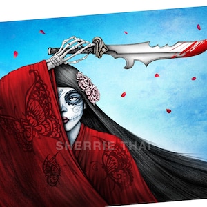 Samurai woman wall art decor, dark fantasy print, cherry blossoms butterfly, anime asian female warrior girl, Day of the Dead Geisha, gift