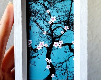 Framed cherry blossom art print, small asian decor for desk or tabletop, Chinese Japanese art, mini tree branches, unique boho nature gift