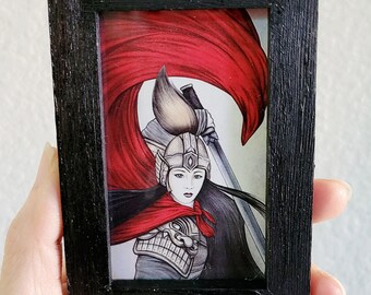Framed Mulan art print, original chinese art portrait, small asian decor, woman warrior art, mini framed art magnet, unique gift