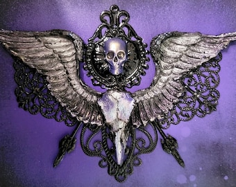 Victorian Raven Skull Wall Art Decor, Original 3D Art on wood, purple bird skull goth display, Macabre home decor art, Wing gothic gift