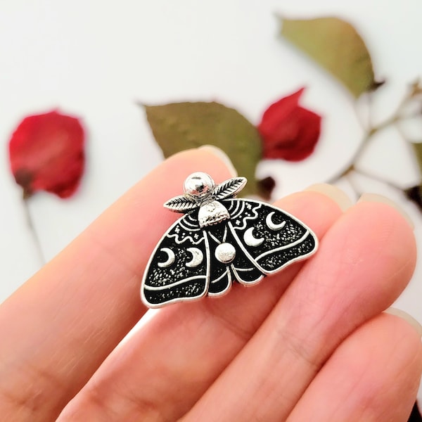 Goth Moon Moth Pin Brooch, handmade butterfly pin, moon phases, unique gothic gift, silver insect accessory, boho cottage witch costume pin