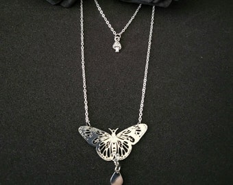 Cottage Butterfly Mushroom Necklace, silver double layered chain, goblincore necklace, handmade botanical nature jewelry gift