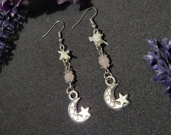 Moon Vertebrae Earrings, dangling pink crystal stone, real bone earrings, oddity curiosity earrings, macabre jewelry, dark fairy goth gift