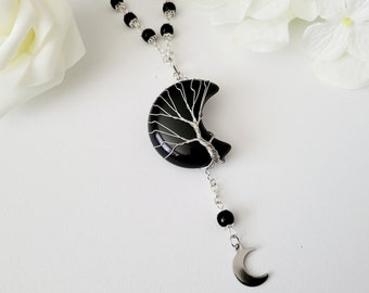 Black Agate Moon Rosary Bead Necklace, handmade celestial jewelry, boho goth crescent moon necklace, tree crystal necklace, cottage gift