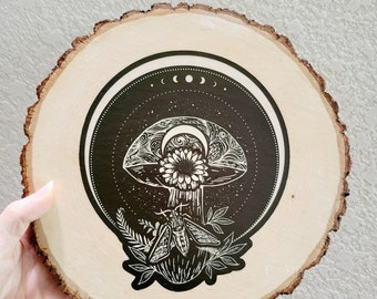 Mushroom Tarot Wood Art, Moth Moon Boho decor, original botanical drawing, cottagecore floral decor, wood tree trunk, art gift