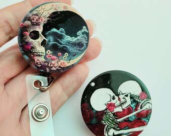 Skull Retractable Reel Clip Set, handmade gothic ID badge clip for work school, spooky skull moon kissing skeletons badge reel accessory