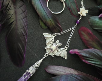 Bone Bat Pendulum Decor, handmade purple amethyst oddity curiosity art, charm hanging, vertebrae ornament, macabre wall decor, goth gift