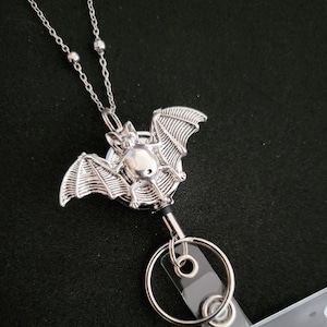 Bat Retractable Reel Necklace ID badge holder, lanyard handmade gothic badge reel, silver bead chain, vampire horror accessory gothic gift