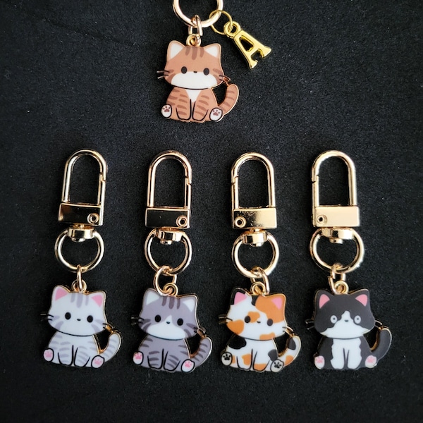 Personalized Cat bag charm, letter initials charm, enamel cat zipper pull charm accessory, kitty badge reel lanyard charm, cat lover gift