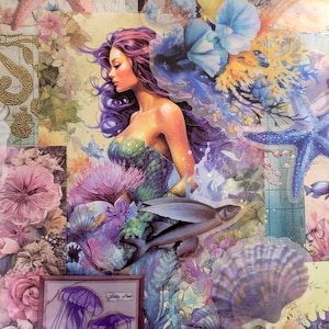 May include: A collage featuring a mermaid with purple hair and a green and blue bodice, surrounded by marine life. The artwork includes a blue starfish, a seahorse, a flying fish, and a framed image of jellyfish. The color palette is soft, with shades of purple, blue, and pink.