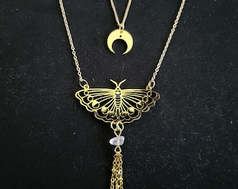 Butterfly Moon Crystal Necklace, gold layered chain tassle, goth lunar moth insect jewelry, handmade quartz necklace, cottage fairy gift