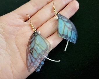 Butterfly Bone Earrings, handmade bone jewelry, oddity curiosity, dangling snake rib bones silk green butterfly wings, dark fairy witch gift