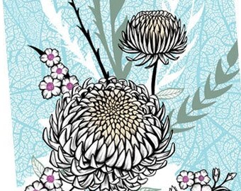 Chrysanthemum Flower Blossoms Art Print, wall decor, modern botanical drawing original art, asian japandi japanese chinese style, art gift