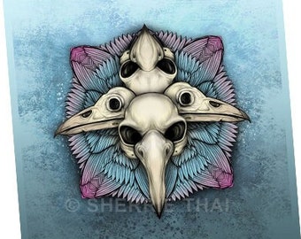 Goth bird skull art print, Bird Mandala wall decor, raven goth skull, macabre horror illustration, pastel goth, blue pink home gift