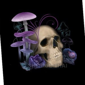 Purple Mushroom Skull wall art print, snail goblincore decor, dark fantasy fungi botanical wall hanging, goth mushroom home decor gift