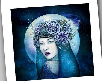 Moon fantasy girl art print, Blue Lunar Moon Goddess Art, Dark Fantasy celestial original art, full moon wall art, Chinese Mythology gift