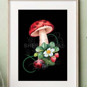 Mushroom Ladybug art print, insect beetle cottagecore decor, fantasy fungi wall decor, botanical nature wall hanging, red mushroom gift