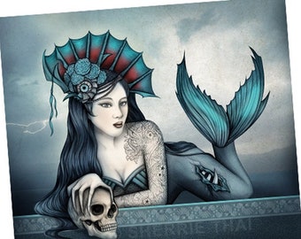Skull Mermaid, Dark Mermaid, Horror Mermaid, Goth Mermaid with Skull, goth art print, Dark Fantasy Girl, original art